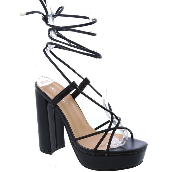 New Black Lace Up Platform Chunky High Heel Sandals - Picture 1 of 3